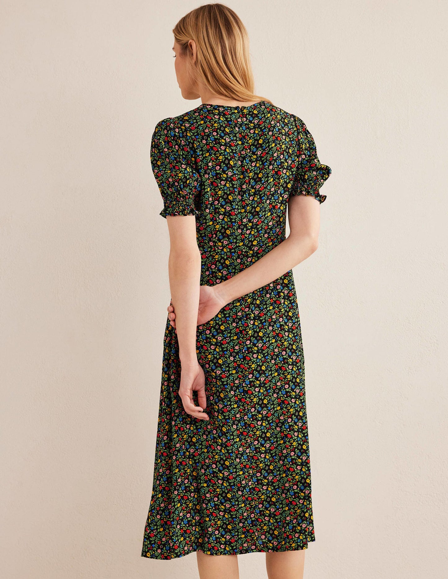 Corinne Midi Tea Dress-Black, Petal Foliage