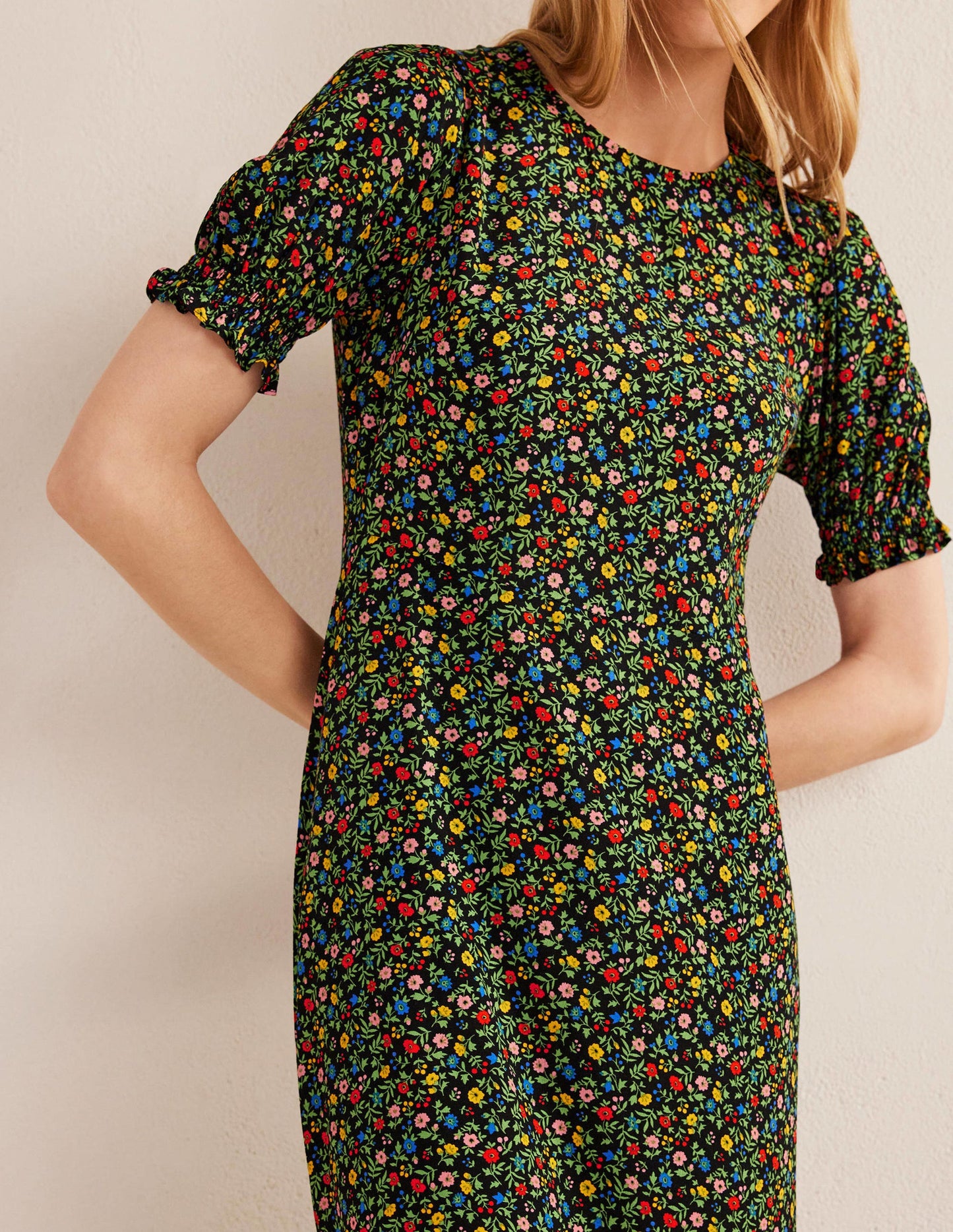 Corinne Midi Tea Dress-Black, Petal Foliage