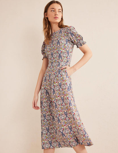 Corinne Midi Tea Dress-Ivory, Exotic Foliage-1