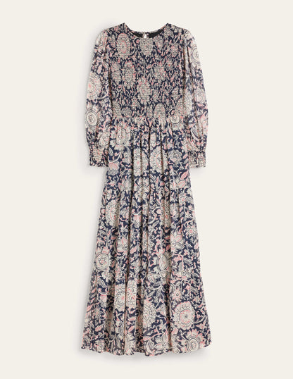 Metallic Smocked Maxi Dress-Popcorn, Floral Tapestry