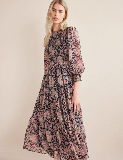 Metallic Smocked Maxi Dress-Popcorn, Floral Tapestry