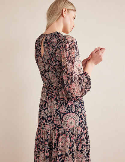 Metallic Smocked Maxi Dress-Popcorn, Floral Tapestry