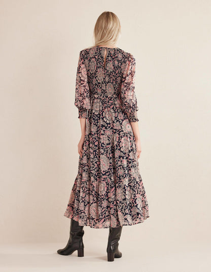 Metallic Smocked Maxi Dress-Popcorn, Floral Tapestry