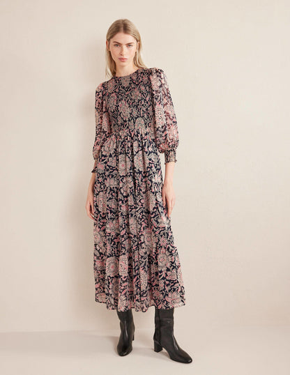 Metallic Smocked Maxi Dress-Popcorn, Floral Tapestry