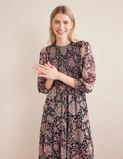 Metallic Smocked Maxi Dress-Popcorn, Floral Tapestry