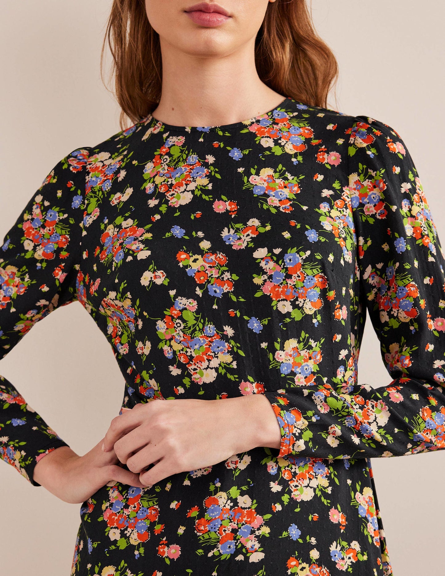 Crew Neck Fit-and-Flare Dress-Black, Wild Cluster