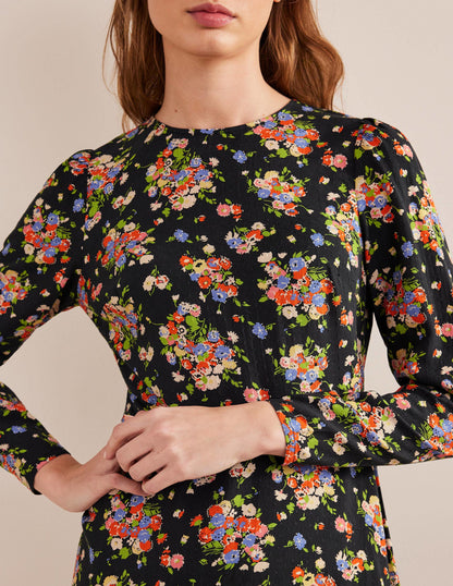 Crew Neck Fit-and-Flare Dress-Black, Wild Cluster-2