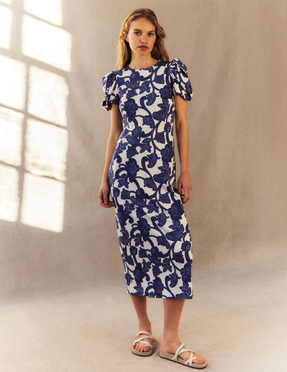 Puff Sleeve Jersey Midi Dress-Blue Ribbon, Paisley Whirl