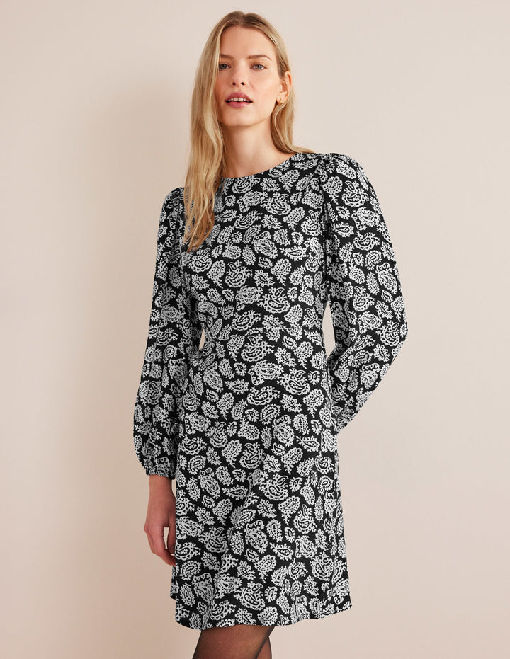 Crew Neck Print Mini Dress-Black, Paisley Pop
