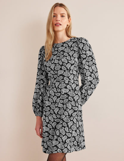 Crew Neck Print Mini Dress-Black, Paisley Pop-1