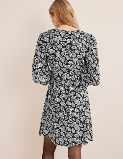 Crew Neck Print Mini Dress-Black, Paisley Pop-3