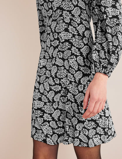 Crew Neck Print Mini Dress-Black, Paisley Pop-4