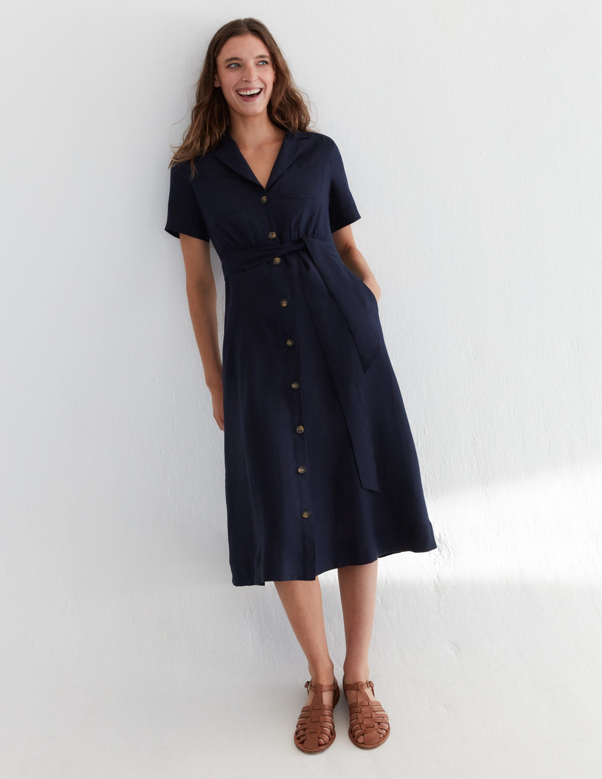 Linen Maxi Shirt Dress-Navy-5