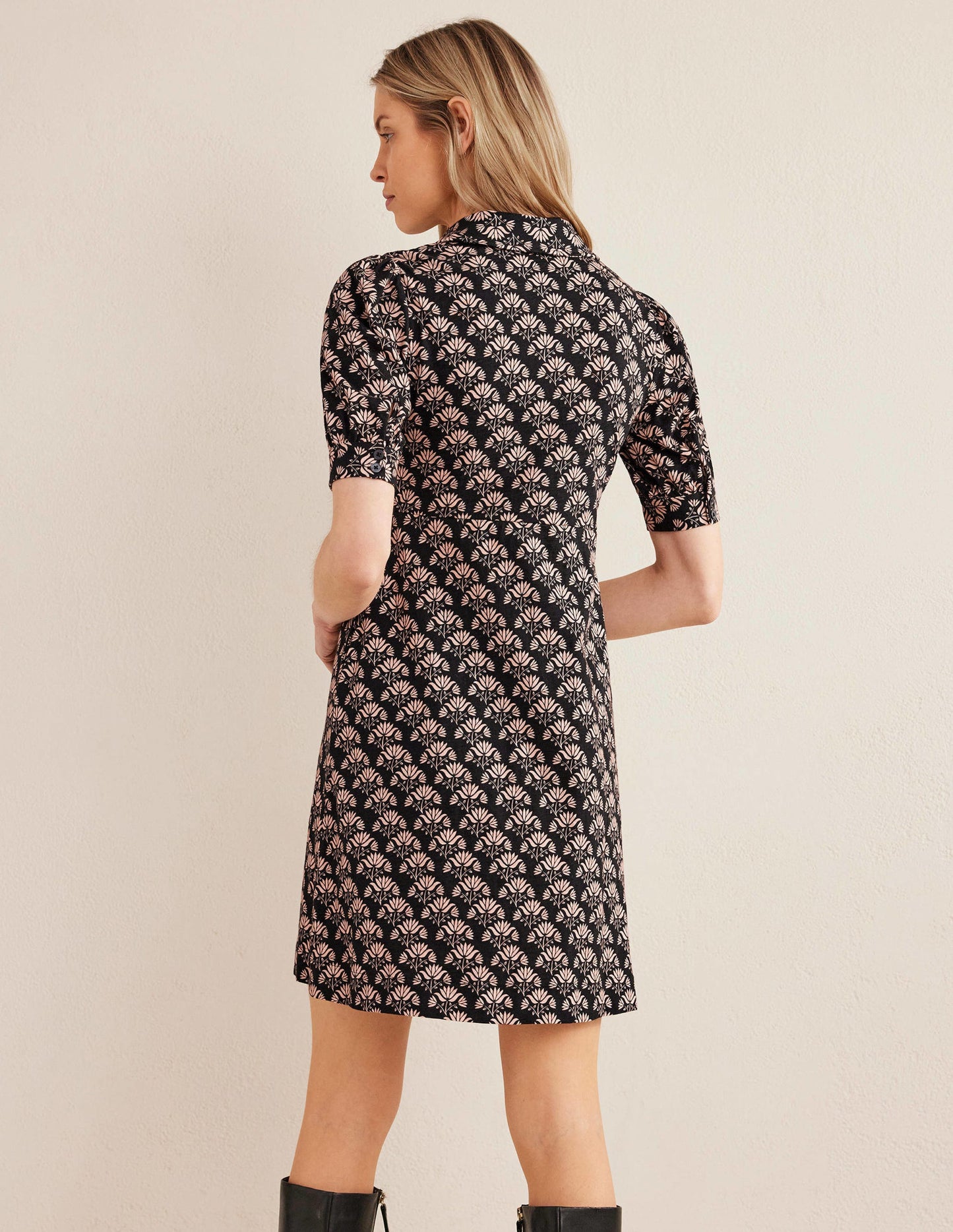 Button Jersey Mini Tea Dress-Black, Passion Stamp