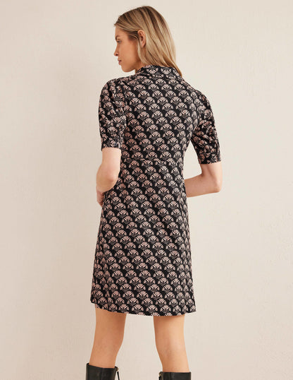 Button Jersey Mini Tea Dress-Black, Passion Stamp-3