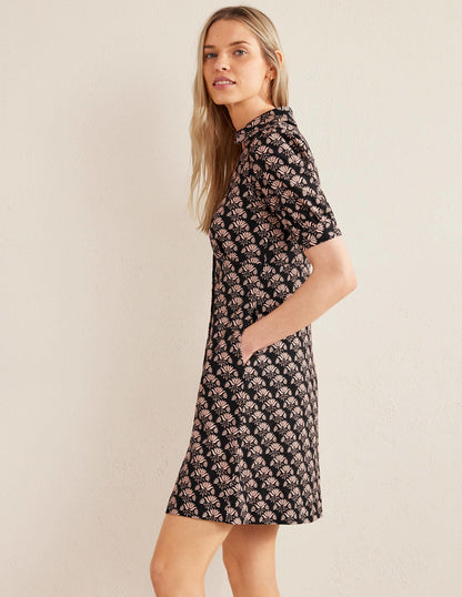 Button Jersey Mini Tea Dress-Black, Passion Stamp-4