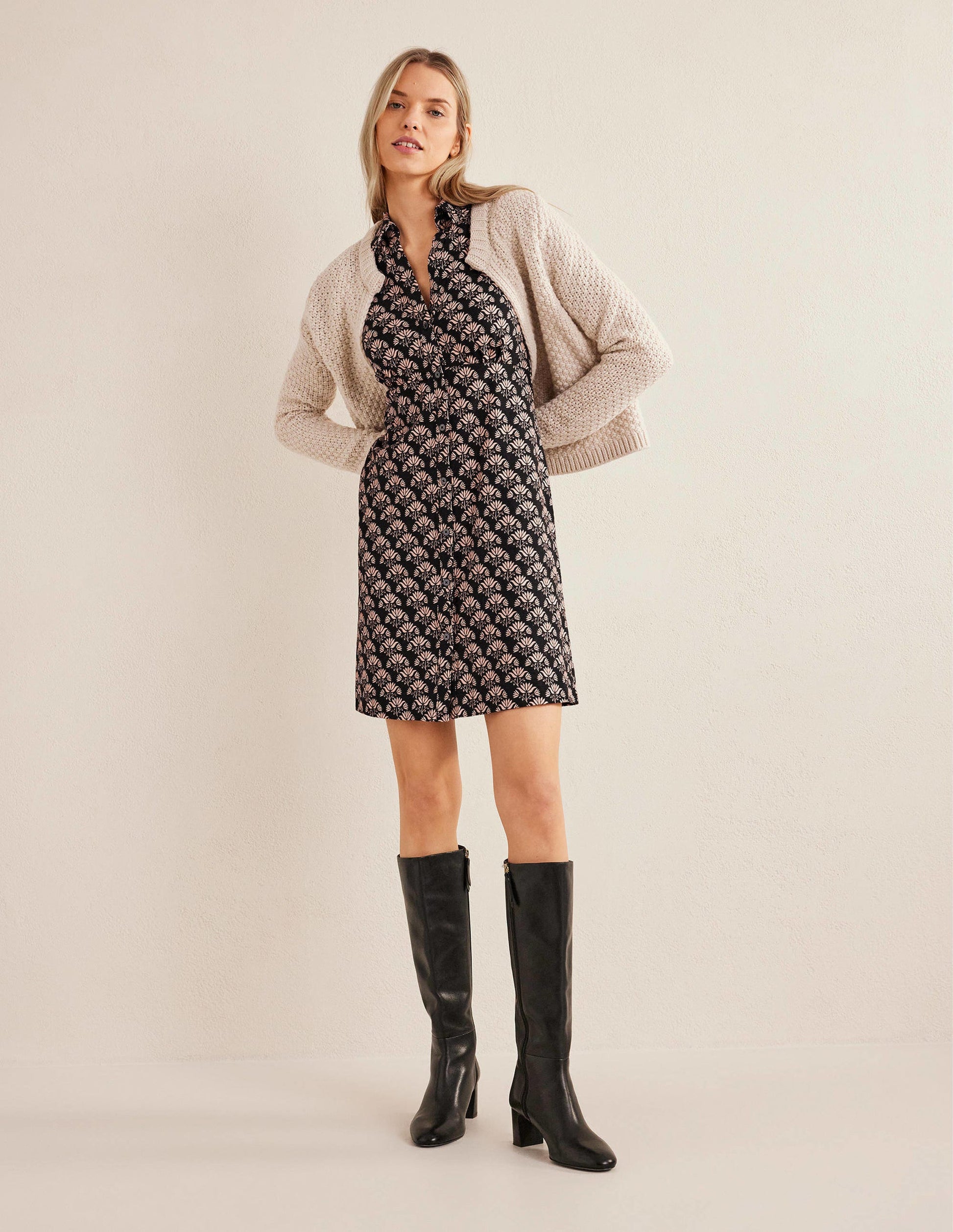 Button Jersey Mini Tea Dress-Black, Passion Stamp-5