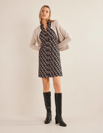 Button Jersey Mini Tea Dress-Black, Passion Stamp-5