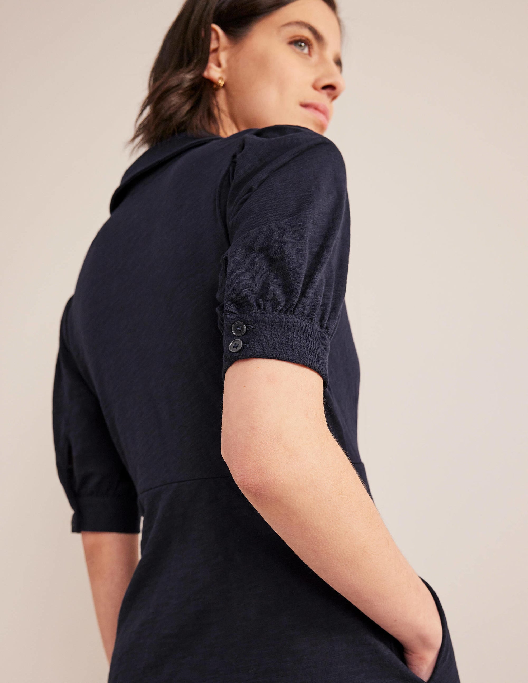 Button Jersey Mini Tea Dress-Navy - Image 2