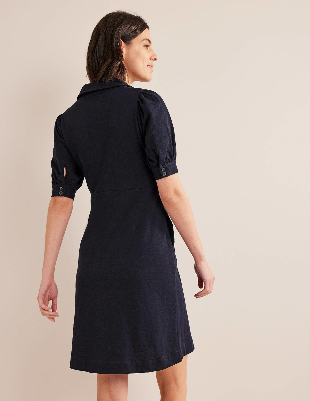 Button Jersey Mini Tea Dress-Navy - Image 3