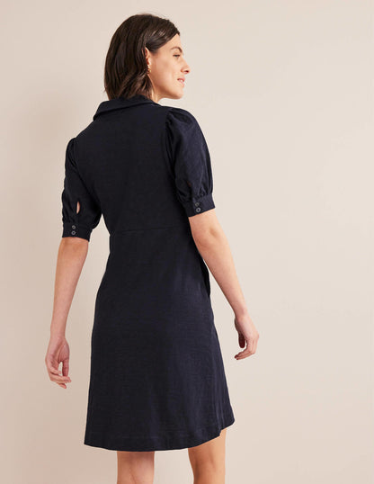 Button Jersey Mini Tea Dress-Navy-3