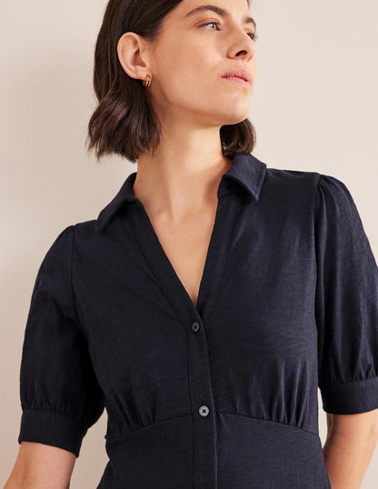 Button Jersey Mini Tea Dress-Navy-4