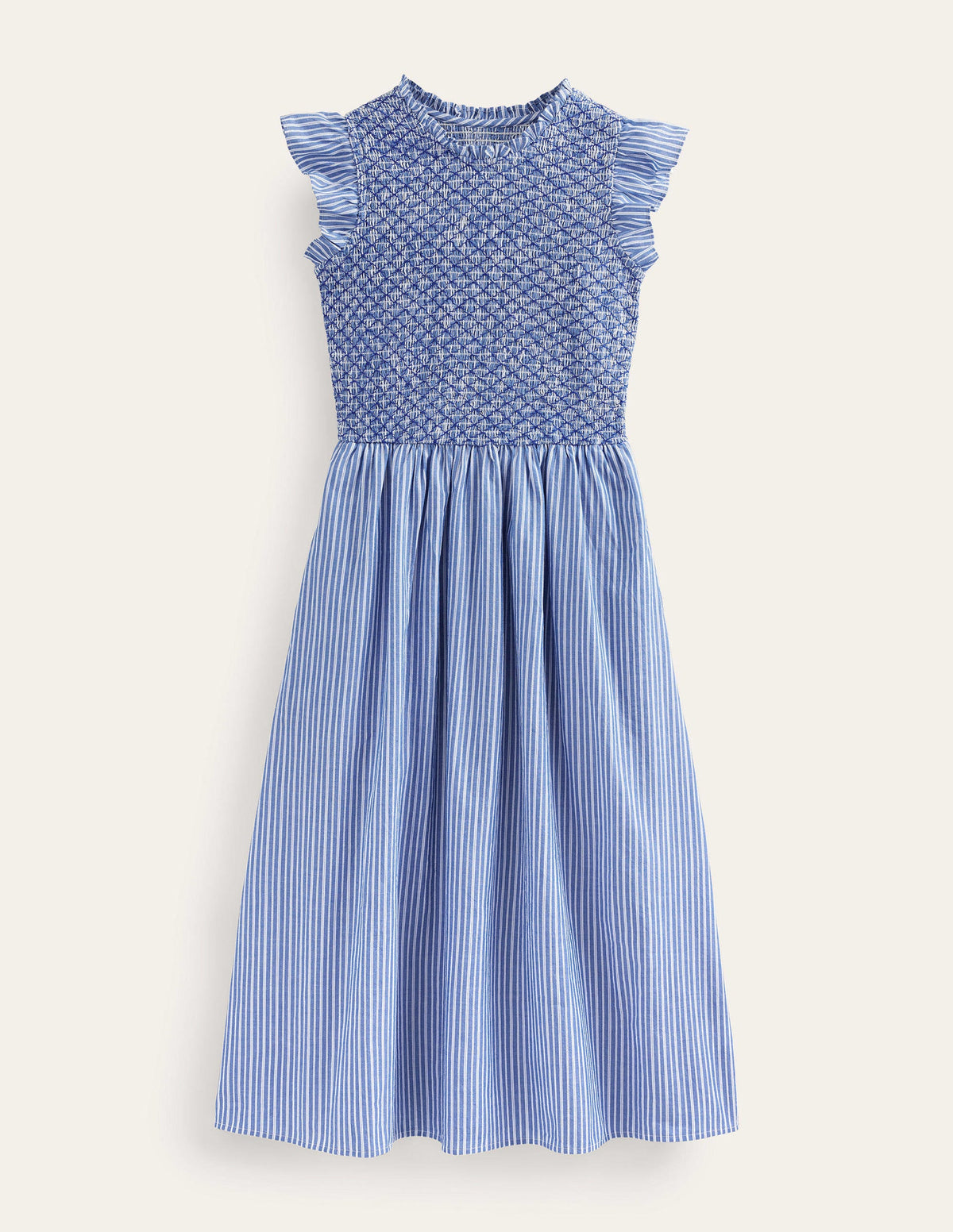 Smocked Bodice Midi Dress-Mid Blue, Leno Stripe - Image 5