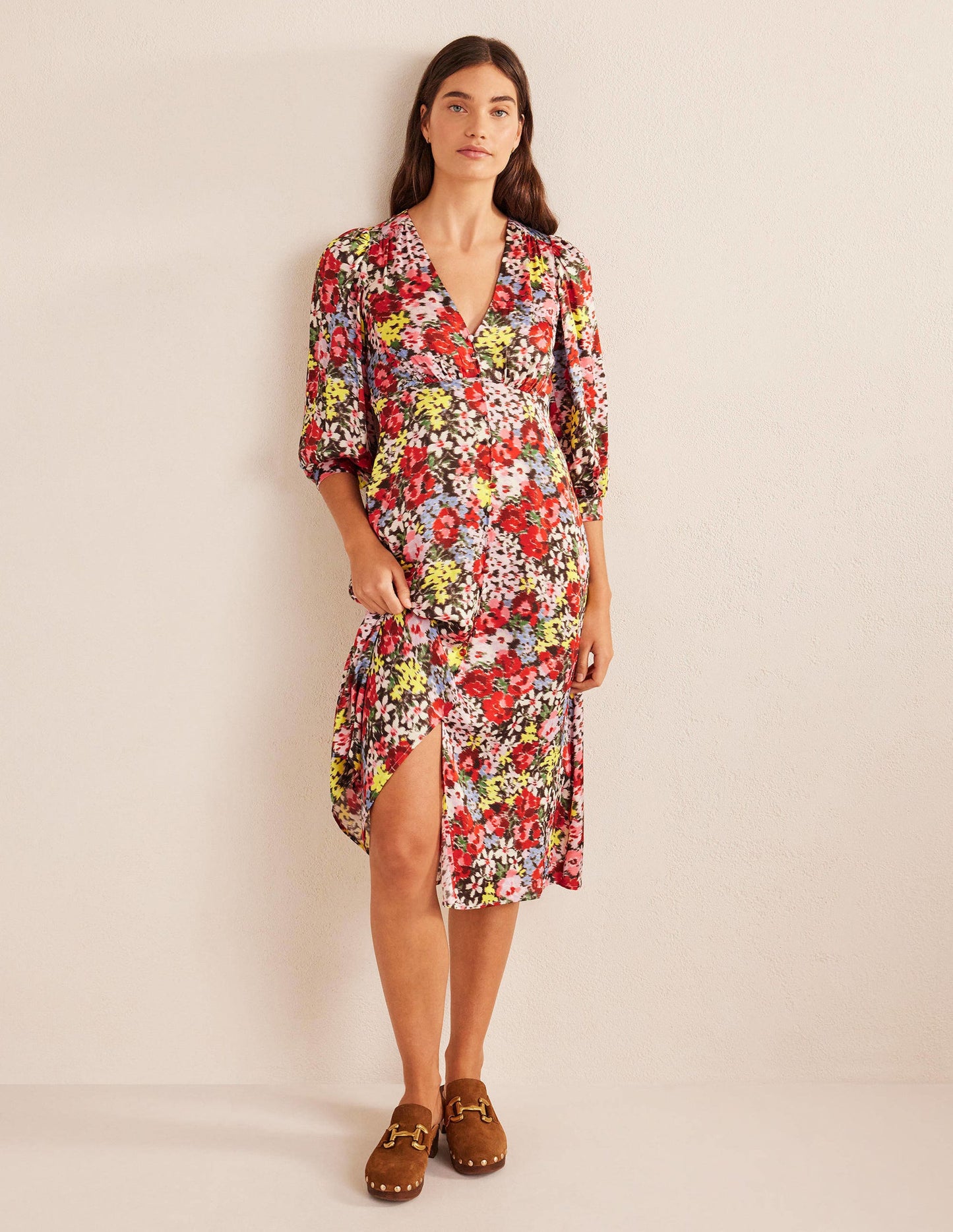Button Detail Satin Tea Dress-Multi, Moire Bloom
