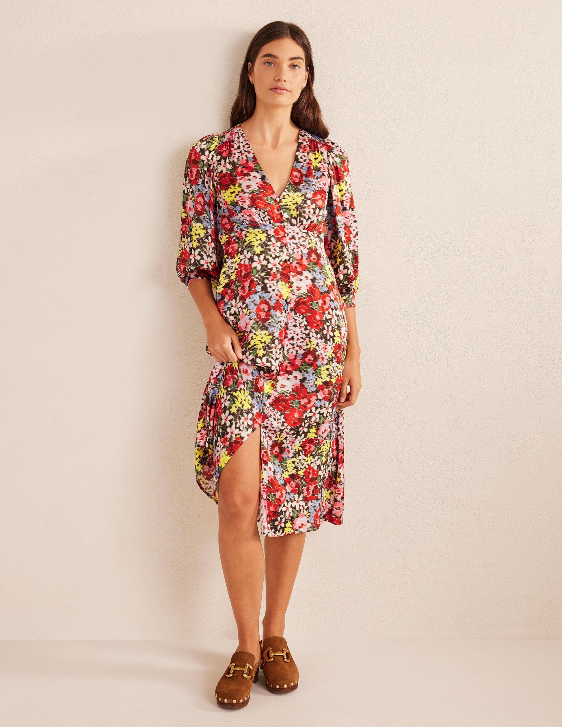Button Detail Satin Tea Dress-Multi, Moire Bloom-1