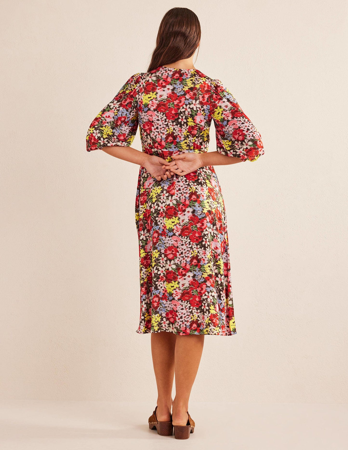 Button Detail Satin Tea Dress-Multi, Moire Bloom