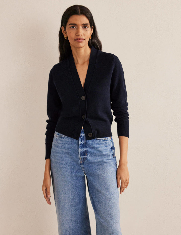 Cropped Cashmere V Cardigan-Navy