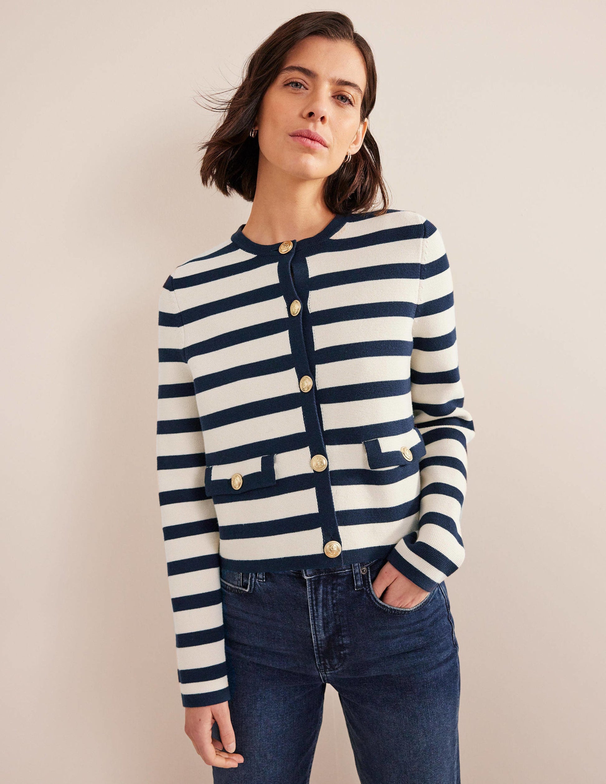 Holly Knitted Jacket-Ivory, Navy Stripe-1