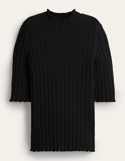 Ribbed Pointelle High Neck Top-Black