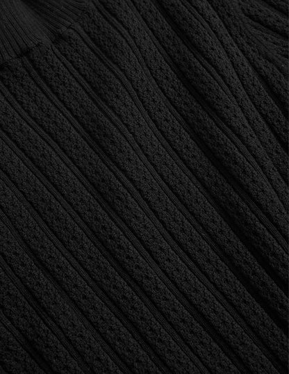Ribbed Pointelle High Neck Top-Black