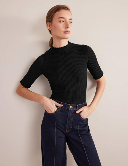 Ribbed Pointelle High Neck Top-Black