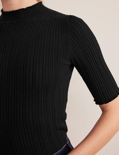 Ribbed Pointelle High Neck Top-Black