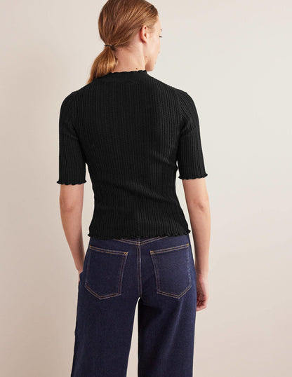Ribbed Pointelle High Neck Top-Black