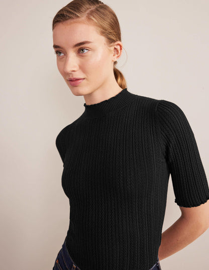 Ribbed Pointelle High Neck Top-Black
