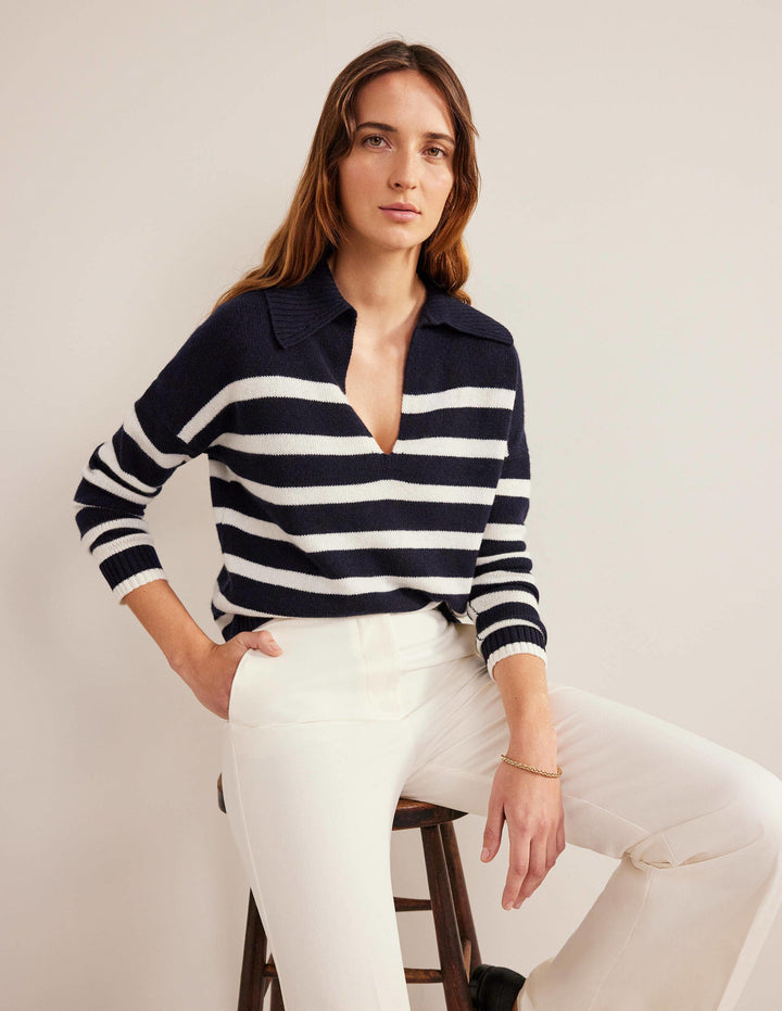 Collared Cashmere Jumper-Navy, Ivory Stripe