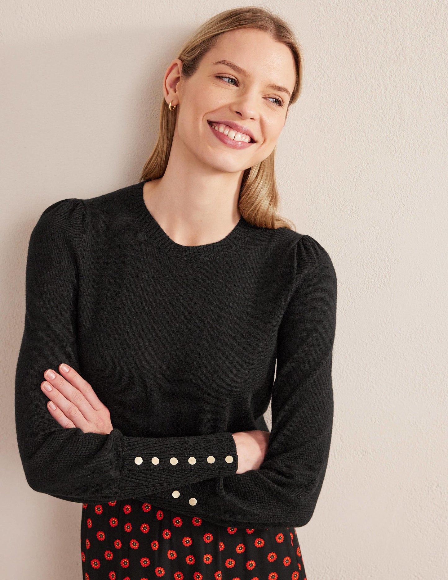 Button Cuff Merino Jumper-Black