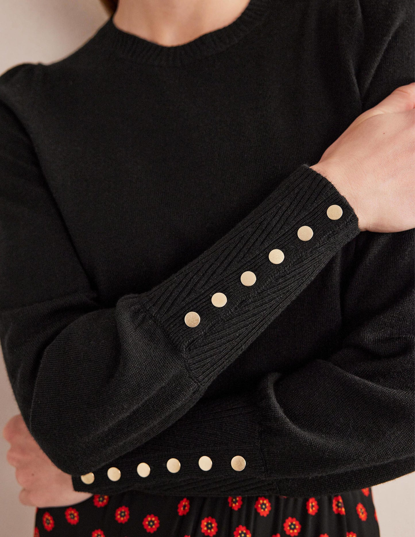 Button Cuff Merino Jumper-Black