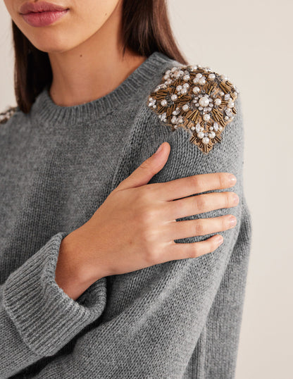 Embellished Jumper-Grey Melange Embellishment-2