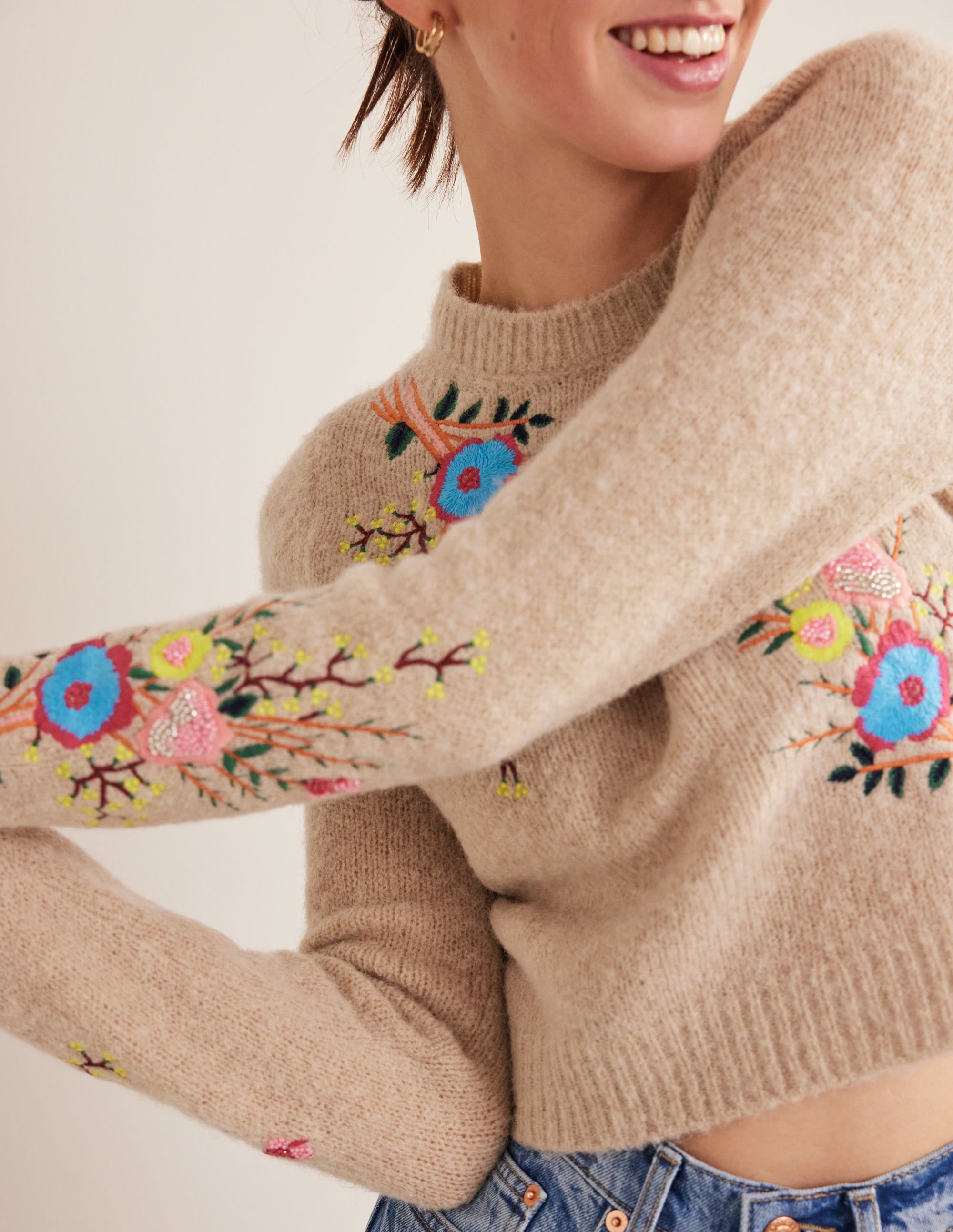 Fluffy Floral Detail Jumper-Chinchilla Melange Floral - Image 2