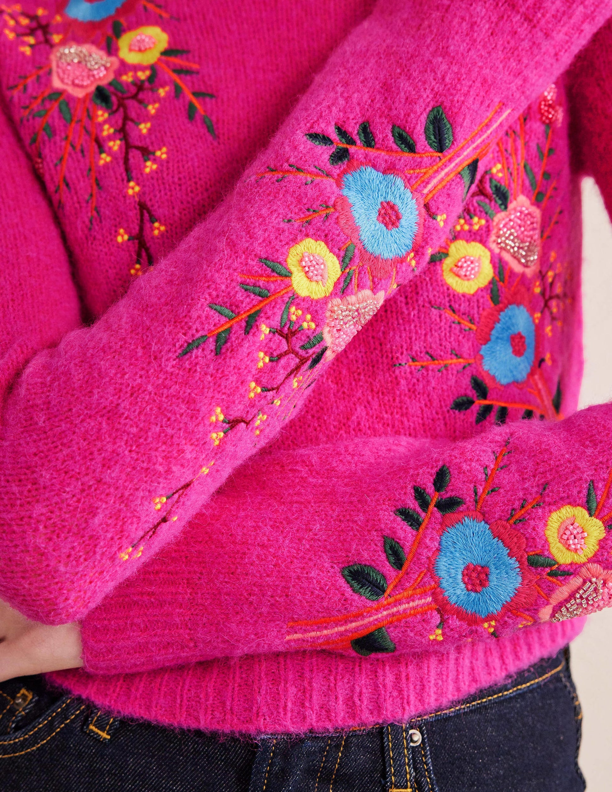Fluffy Floral Detail Jumper-Shocking Pink Floral-2