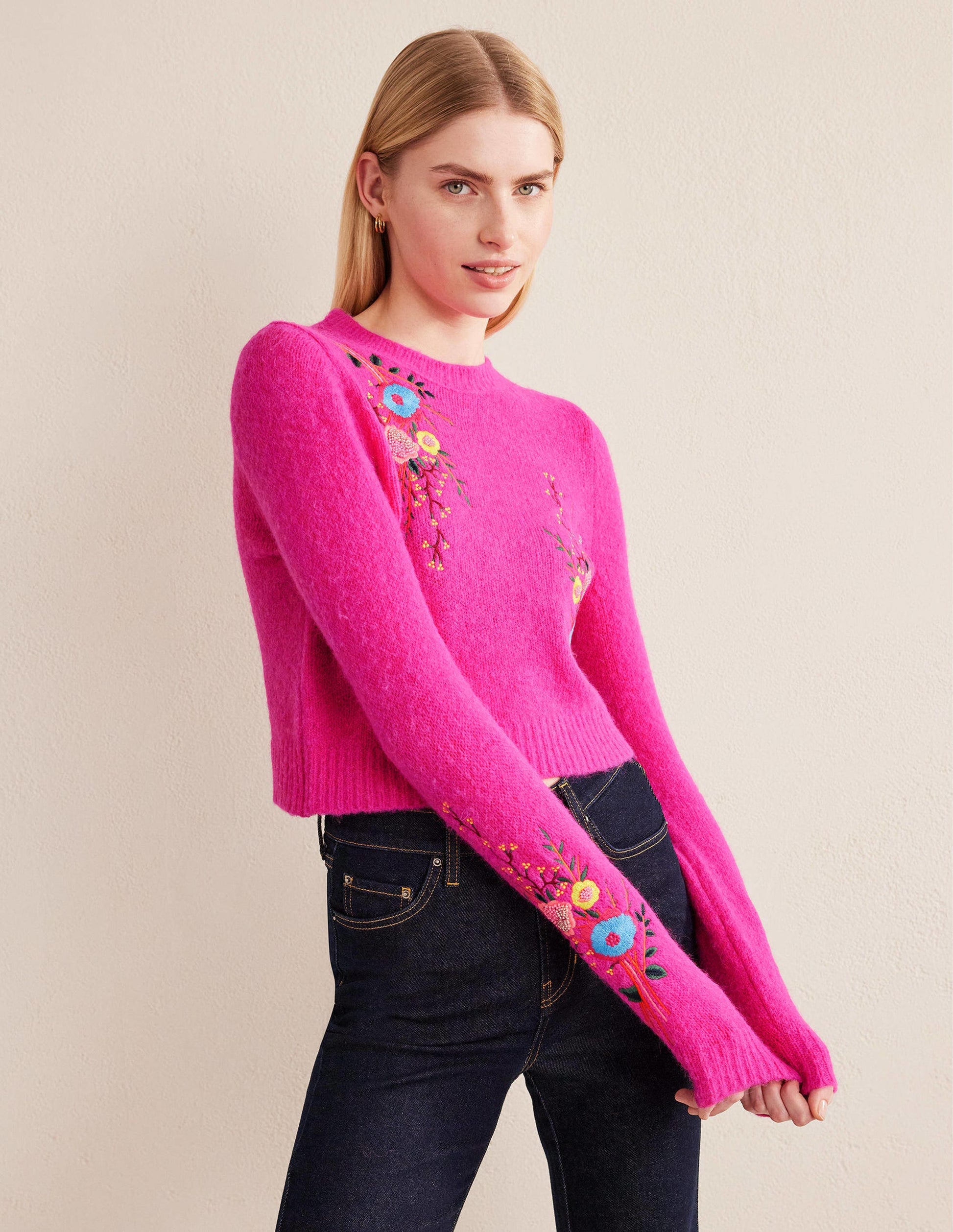 Fluffy Floral Detail Jumper-Shocking Pink Floral-4