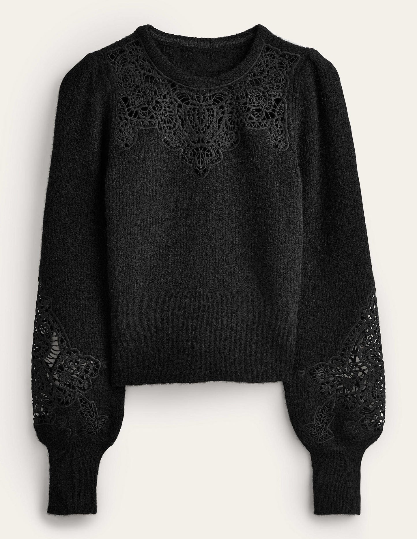 Lace Panel Fluffy Jumper-Black