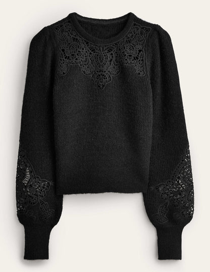 Lace Panel Fluffy Jumper-Black