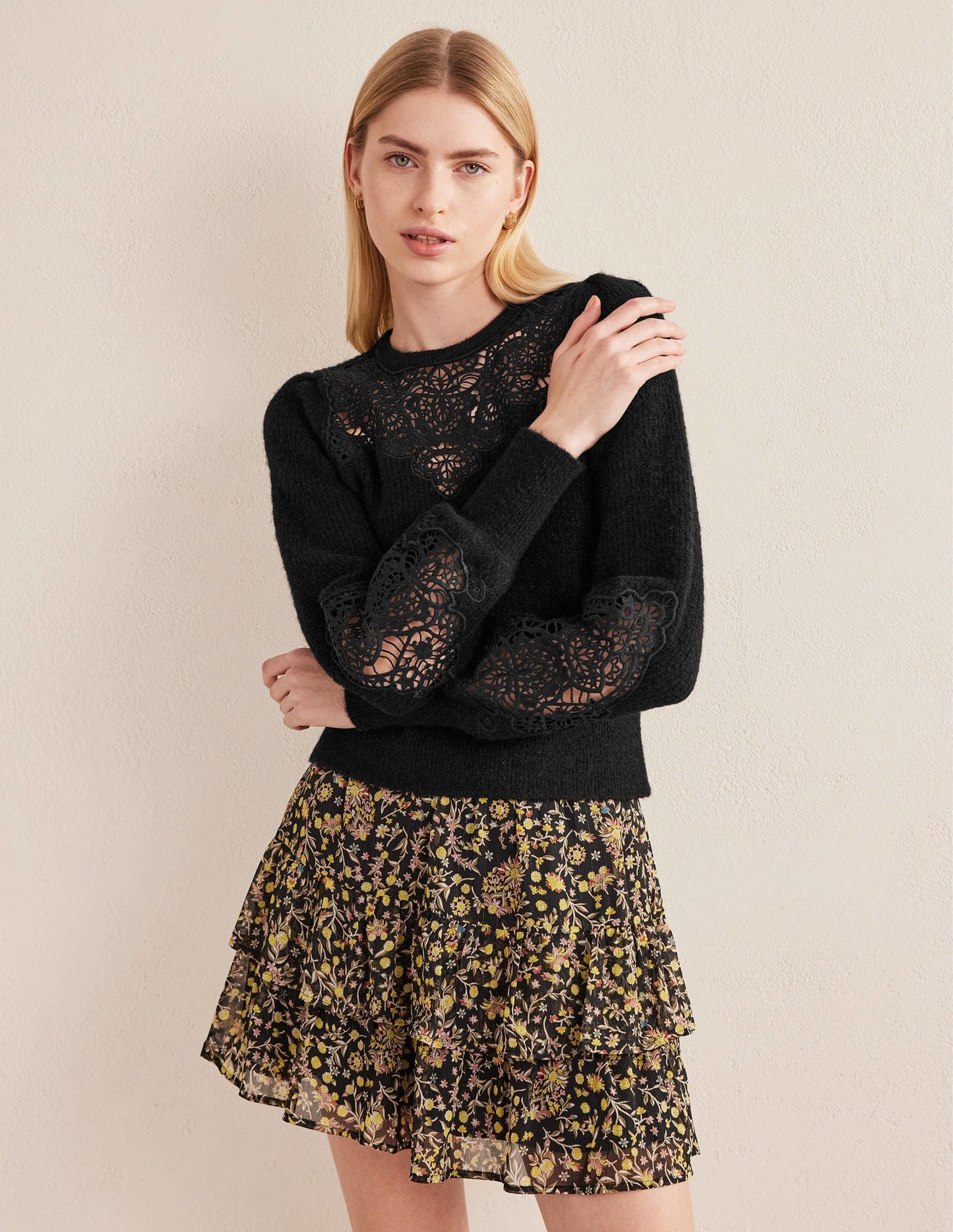 Lace Panel Fluffy Jumper-Black