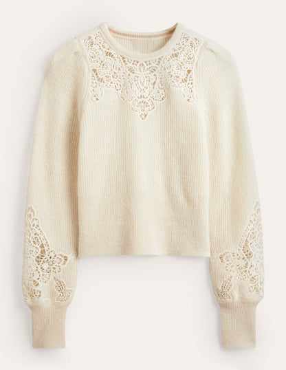 Lace Panel Fluffy Jumper-Ivory