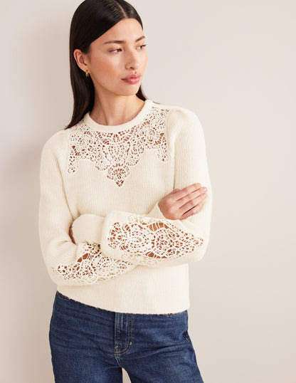 Lace Panel Fluffy Jumper-Ivory
